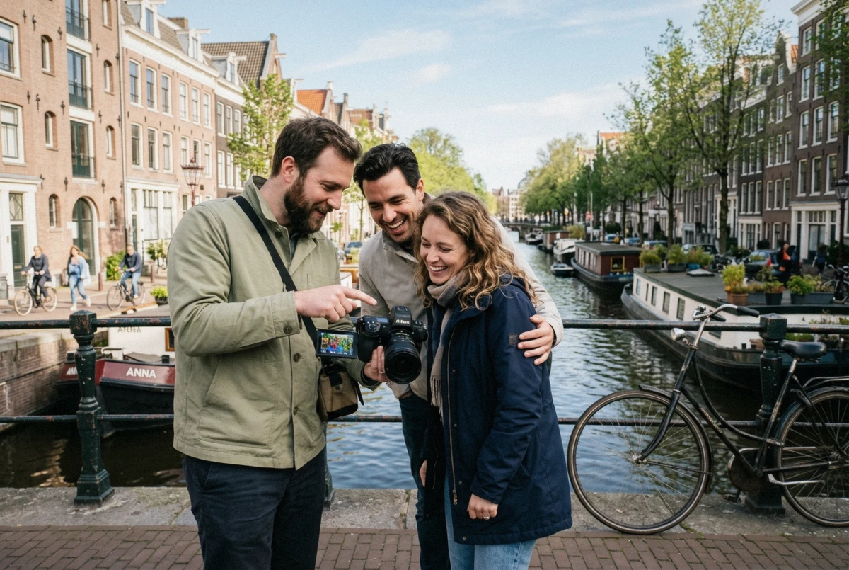 Photographer showing the camera screen to a couple on a sunlit canal bridge during an Amsterdam photoshoot