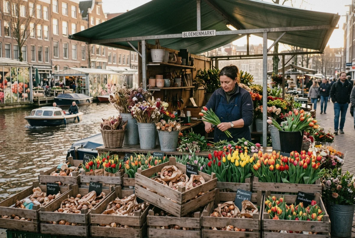 Tulips in zinc buckets at a floating flower market stall in central Amsterdam, one of the colour stops on this Moco Museum photo tour
