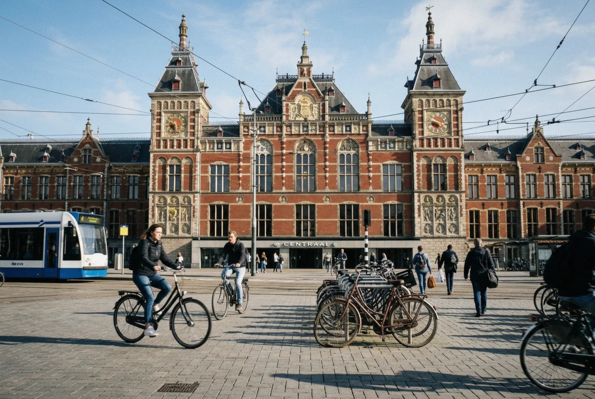 The 1889 red brick facade and clock tower of Amsterdam Centraal with tram wires overhead, the backdrop for a photoshoot at Amsterdam Centraal Station