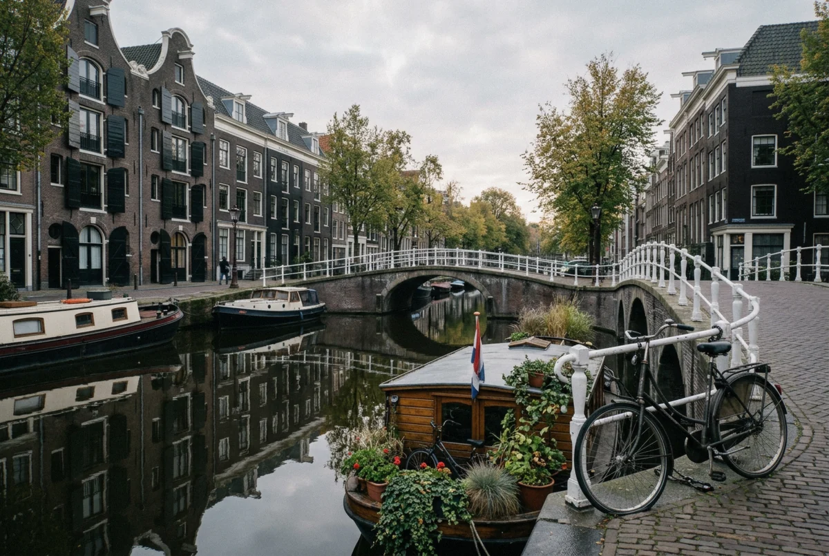 Quiet canal, moored houseboats and an arched bridge in the Jordaan, one leg of a route with an Amsterdam vacation photographer