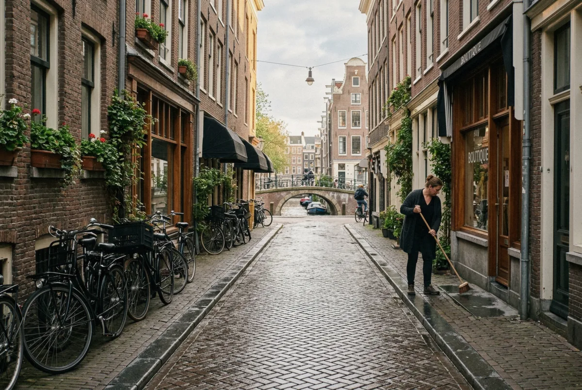 Narrow shopping lane in the Negen Straatjes leading to a canal bridge, the route of this couples photoshoot in Amsterdam
