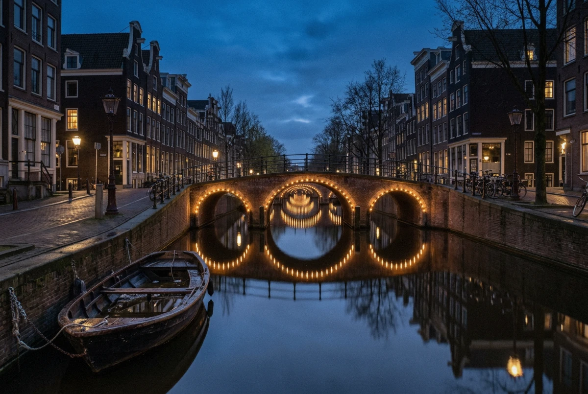 Seven lit arched bridges receding down the Reguliersgracht at blue hour, the classic setting for an Amsterdam proposal photographer