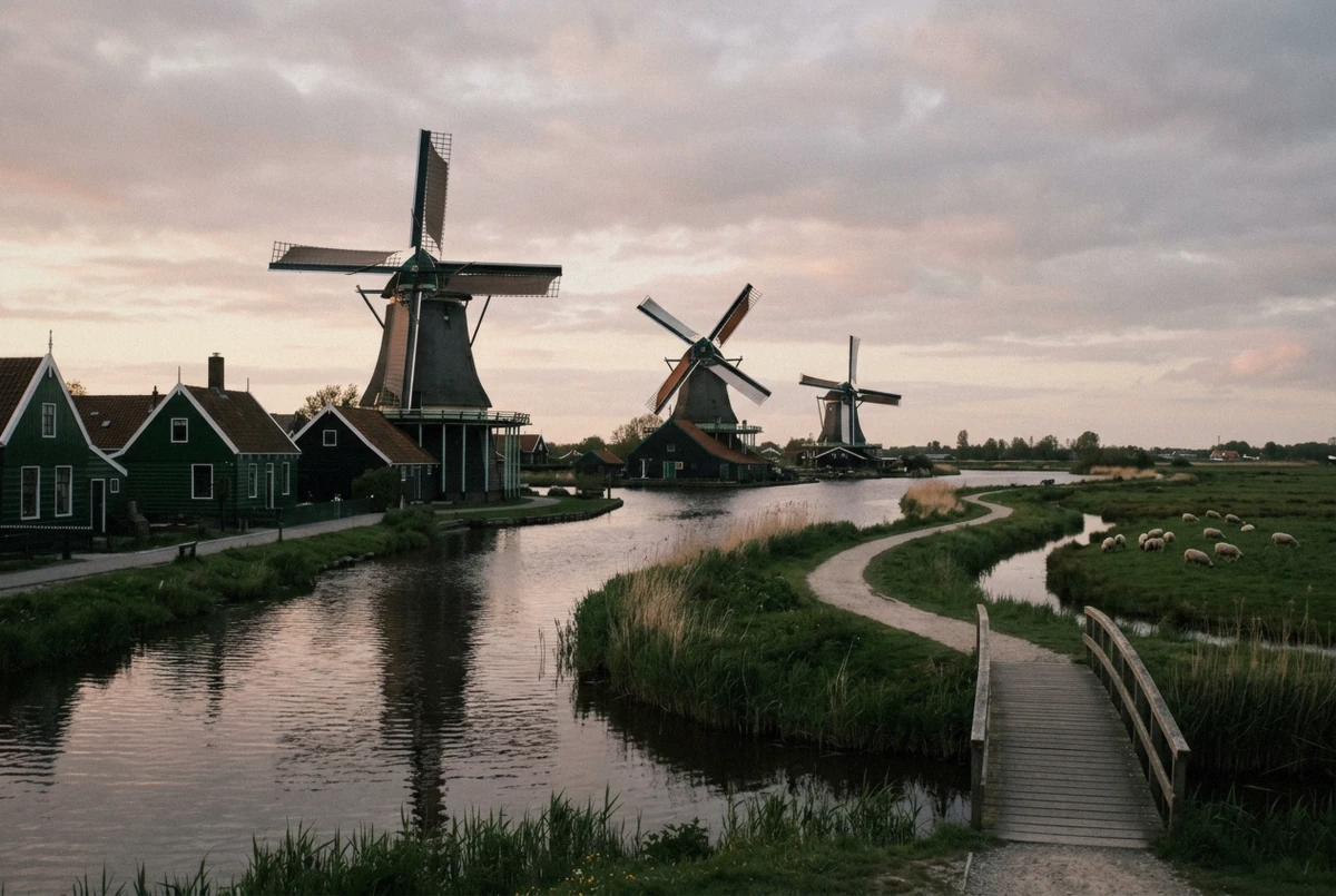 Working windmills and green timber houses of Zaanse Schans at golden hour with an empty footpath, the setting for this Zaanse Schans photoshoot